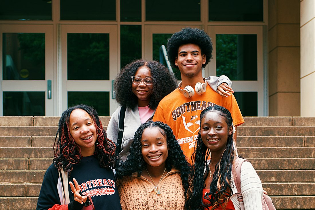 College students gathered on campus steps